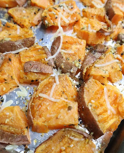 Garlic Butter Smashed Sweet Potatoes