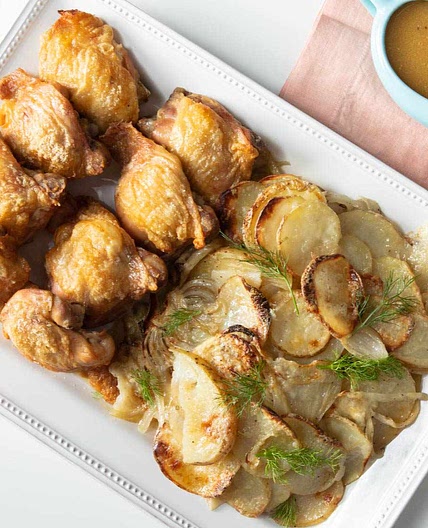 Sheet-Pan Chicken Thighs With Potatoes, Fennel, and Mustard-Beer Sauce Recipe