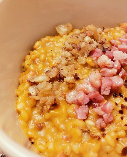Orzotto - Pumpkin, chestnuts, bacon and anchovies powder