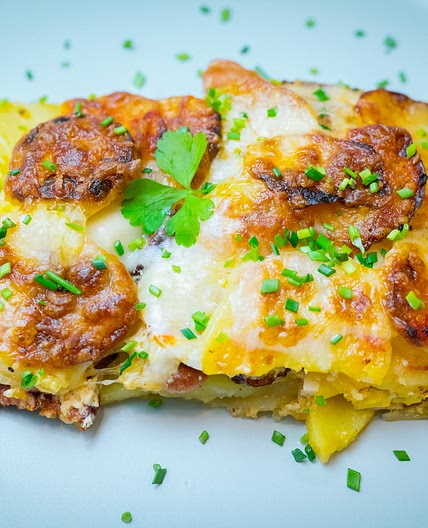 Easy Potato Casserole with Bacon, Kielbasa, Sausages, Eggs and Cheese