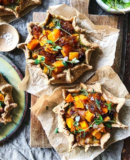 Roast Squash, Caramelised Onion and Pesto Tarts