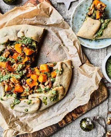Festive Walnut, Caramelised Onion & Squash Galette with Walnut Pesto Dressing