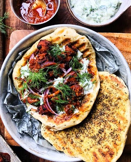 Mushroom Souvlaki with Tzatziki and Za'atar Flatbread