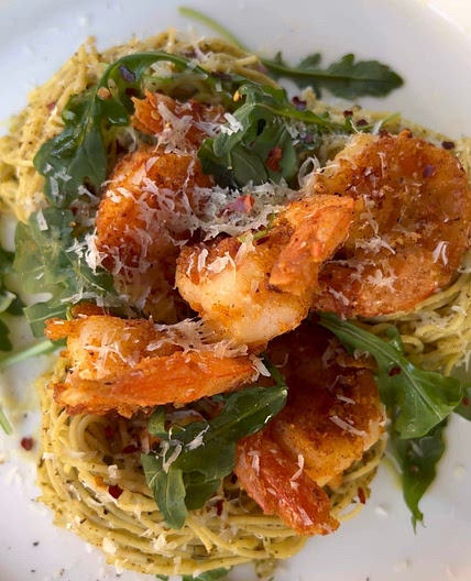 Garlic butter shrimp pesto pasta 