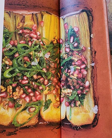 roasted leek, pomegranate,
walnuts, greens
