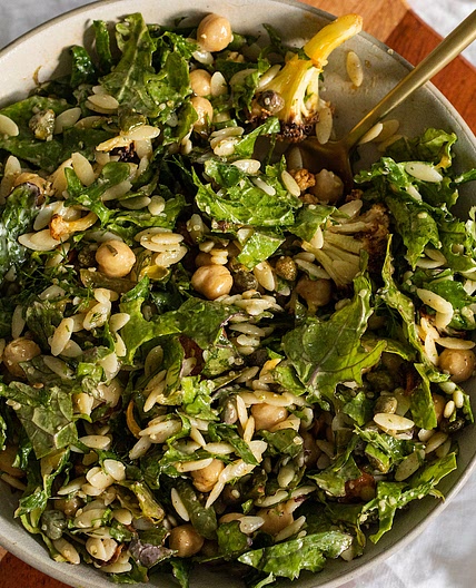 Vegan Winter Orzo Salad with Chickpeas and Kale