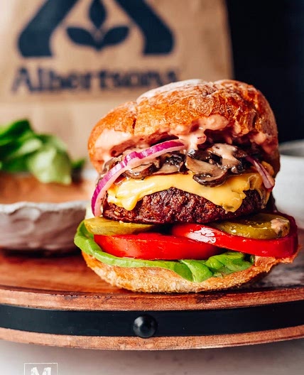 Beyond Meat burgers with sauteed mushrooms