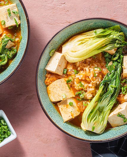 Kimchi Tofu Stew with Bok Choy & Sticky Rice