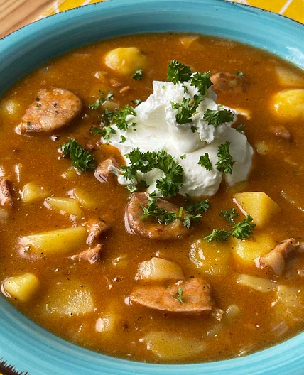Hungarian Sausage Soup with Potato Dumplings 