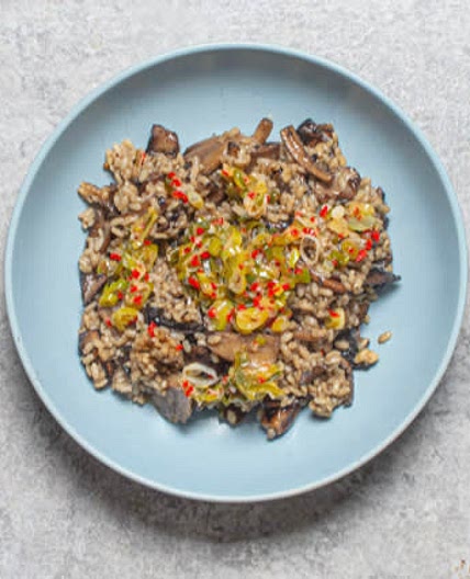 Sticky Mushroom Miso Rice with Green Onion Dressing