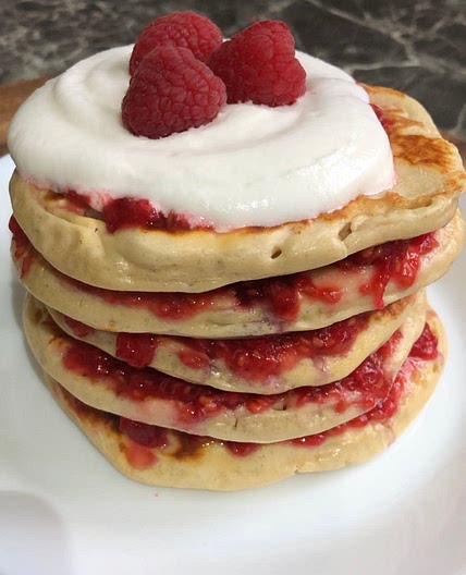 297 cal raspberry pancake stack