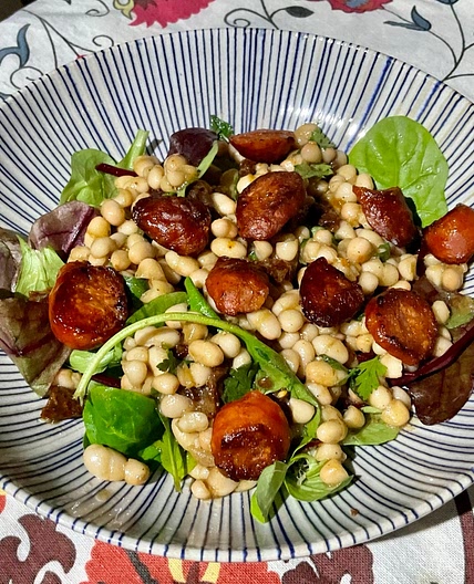 Chorizo on Middle Eastern Pomegranate Molasses Haricot Beans