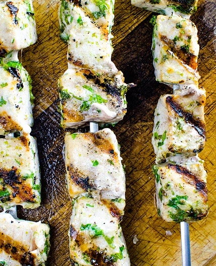 Swordfish Skewers with Tomato-Scallion Caponata