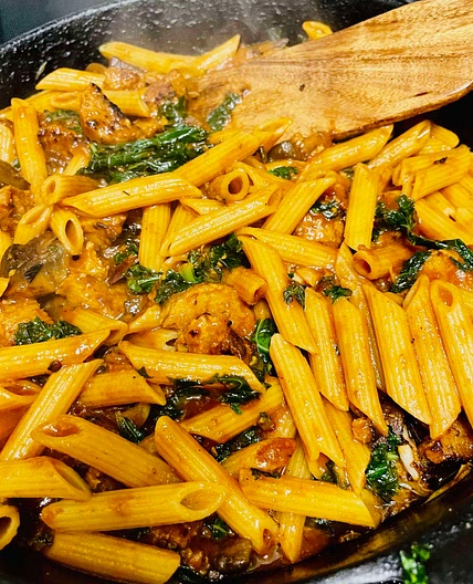 High- Protein Vegan Pasta puttanesca w/ Sausage and Kale