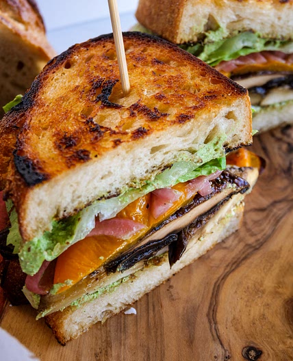 MEDITERRANEAN ROASTED VEGGIE SANDWICH WITH ALMOND DILL PESTO
