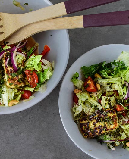 Halloumi Salad with Kale Chips and Cashews