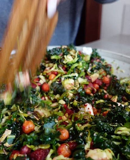 Ingredients - 1 beet - 1 can chickpeas - 2 tbs olive oil - 1 tbs paprika - 1 tbs garlic powder - 1 head kale - 1/2 lb Brussels sprouts For the dressing - 2 cloves or garlic - 1 tbs honey - juice of 1 lemon - 1 tbs Dijon mustard - pinch of sea salt - pinch 
