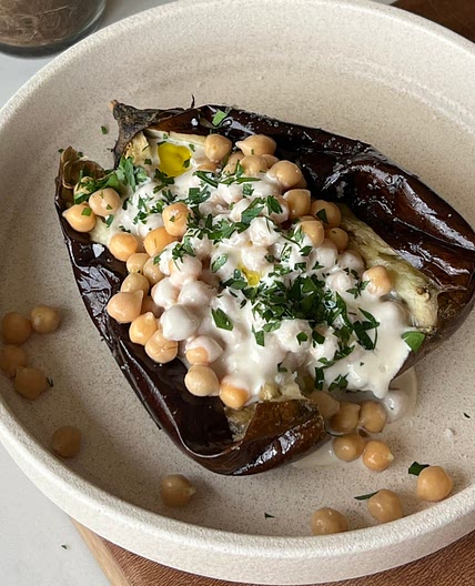 Roast Eggplant w/Chickpeas and Tahini Sauce