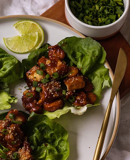 Sticky Sesame Gochujang Tofu Carrot Lettuce Wraps