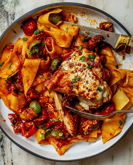 Chicken Cacciatore with Mozzarella and Pasta