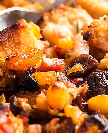Bread stuffing with sausage, pecans, and apricots