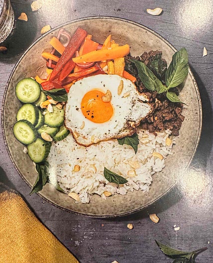 Thai basil ground veggie/beef coconut bowl