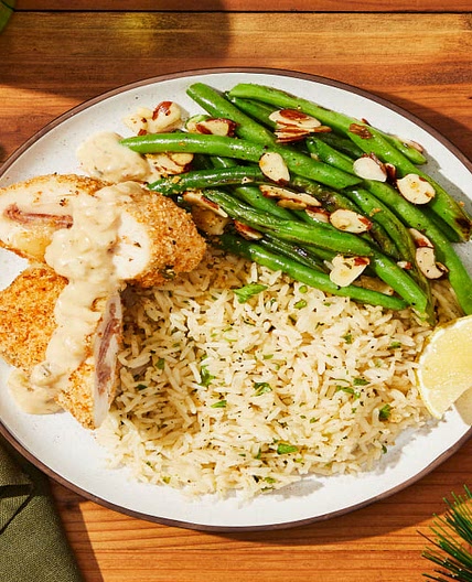 Chicken & Prosciutto Cordon Bleu with Green Beans Amandine & Herbed Rice Pilaf