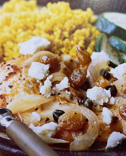 Greek chicken with capers, raisins, and feta