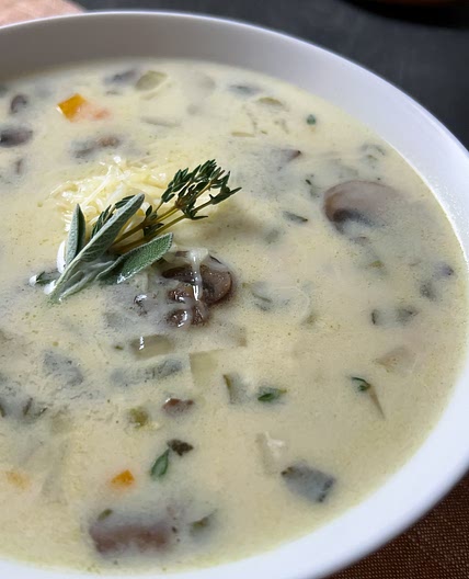 Creamy Chicken, Mushroom & Rice Soup with Sage