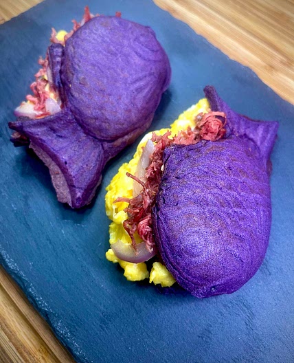 Ube Taiyaki with Corned Beef and Creamy Scrambled Eggs 