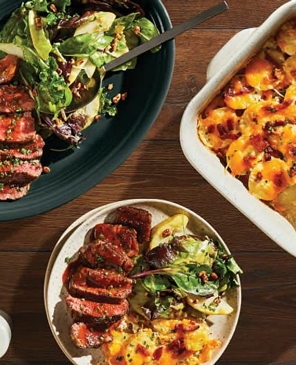 Beef Au Poivre & Cheesy Potato Gratin  with a Pear & Pecan Salad