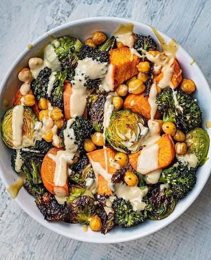 Sheet Pan Chickpea Veggie Roast with Tahini Maple Dressing