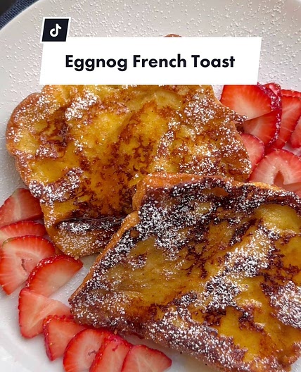 Eggnog French Toast! Recipe below: Ingredients: Brioche bread loaf (not sliced if possible) 2 large eggs 1c Eggnog ½ tsp Cinnamo