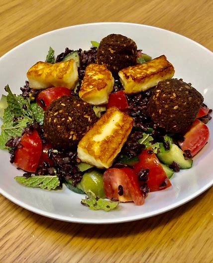 60. Black Rice Salad with Halloumi and Felafel
