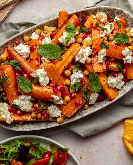 Roasted carrot, chickpea and goats cheese salad