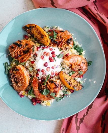 Moroccan Style Prawn Tails with Rainbow Salsa Couscous