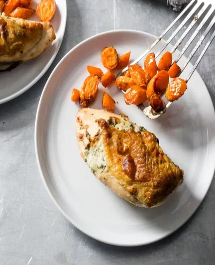 Parmesan and Basil-Stuffed Chicken with Roasted Carrots