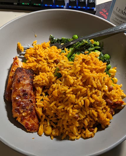 Sweet Chilli Salmon, veg and spicy rice