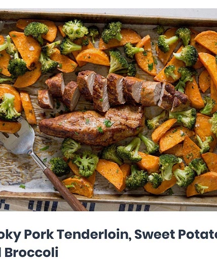 Smoky Pork Tenderloin, sweet potatoes, broccoli sheet pan dinner