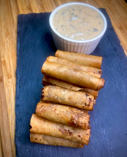 Burger Steak Lumpia with Creamy Mushroom Gravy