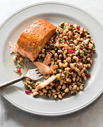 Glazed Salmon with Black Eyed Peas, Walnuts, and Pomegranate