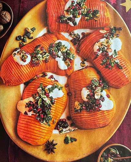 hasselback butternut squash with tahini yogurt & gremolata