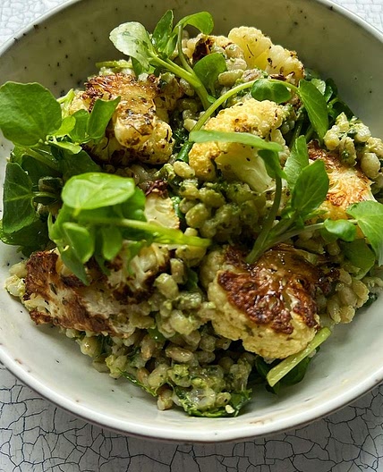 Pearl barley salad of roast cauliflower w/ watercress pesto
