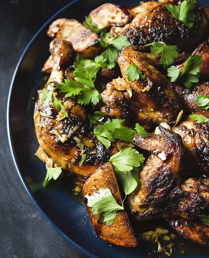Garlicky Spiced Chicken & Potatoes w/ Pomegranate Molasses 