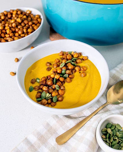 ROASTED CARROT SOUP WITH CHICKPEA CROUTONS