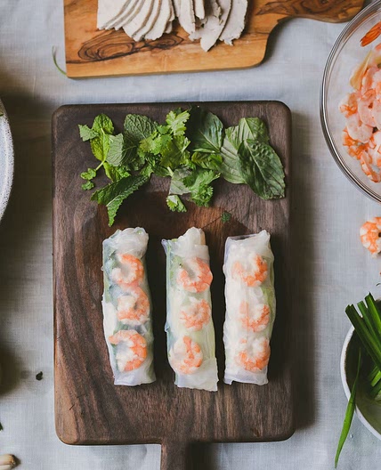 Shrimp springrolls with almond butter dressing