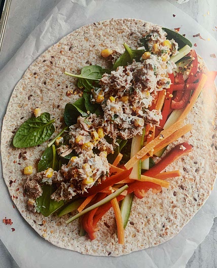 Tuna Mayo, sweet corn and spinach wrap 