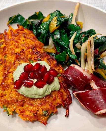 Green Goddess Sweet Potato Latkes with Pomegranate Seeds
