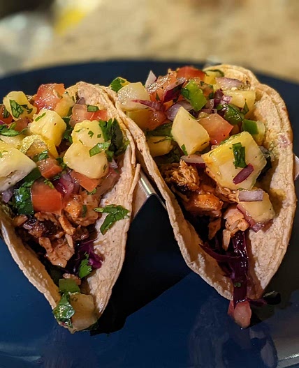 Pan Seared Salmon Tacos w/ Fresh Red Cabbage Slaw & Pineapple Salsa