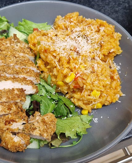 Chicken schnitzel and tomato rissioto